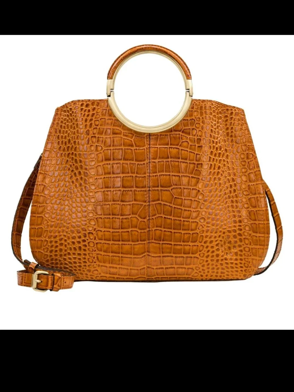 Patricia Nash Cognac Arenzano Leather Croc-Embossed Tote with Gold Ring Handle